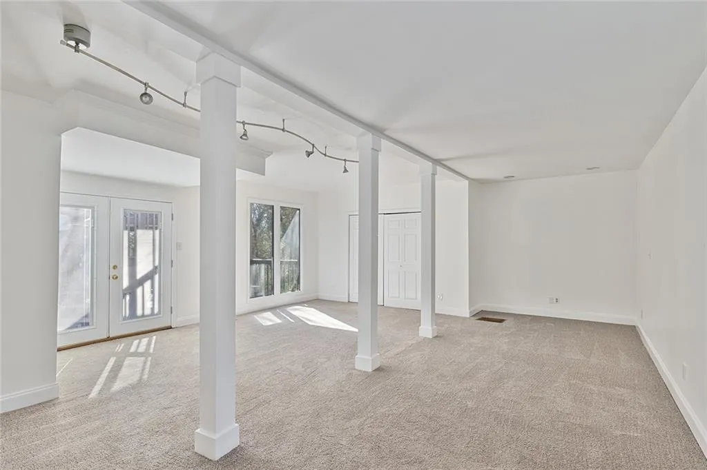 Basement featuring french doors, light carpet, and track lighting