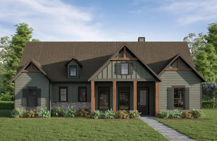 Craftsman-style exterior featuring a covered front porch with four columns, dark wood-finish accents, gabled rooflines, and stone skirting
