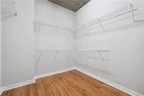 Walk in closet with wood finished floors