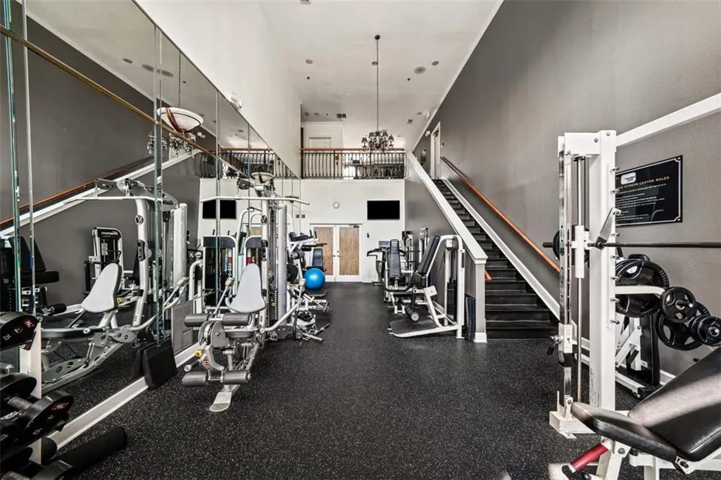 Gym with a towering ceiling