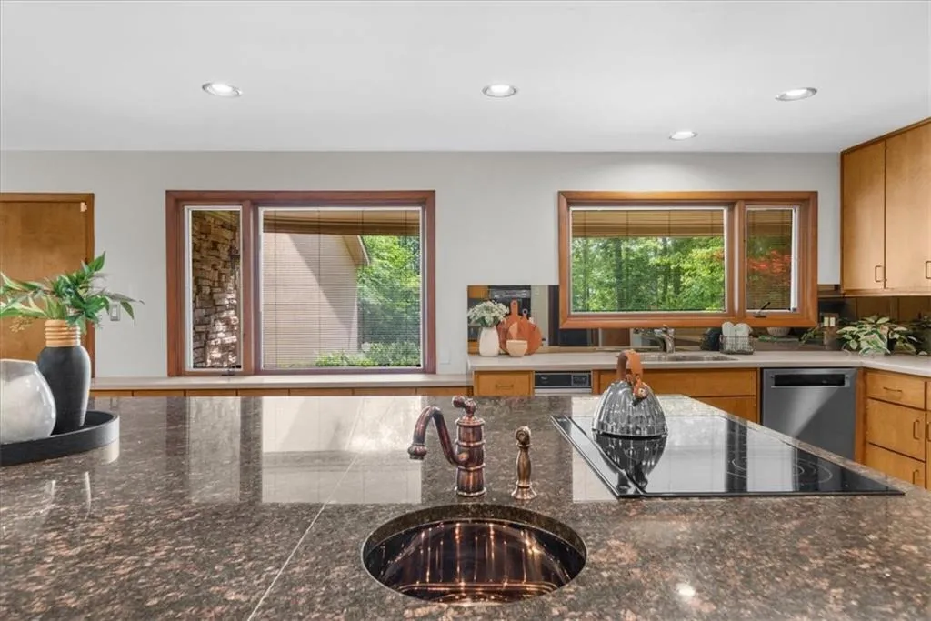 Kitchen with stainless steel dishwasher, a sink, black electric cooktop, healthy amount of natural light, and recessed lighting