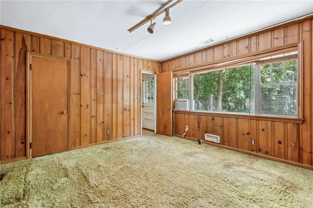 3rd Bedroom/Den area/Home Office Spare room with wood walls, carpet floors, and track lighting