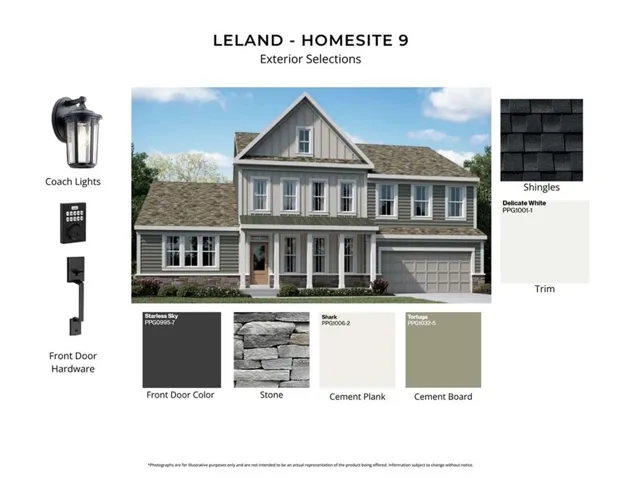 Two-story residence featuring a covered front porch with white columns, a two-car garage, mixed siding materials, and a stone accent foundation
