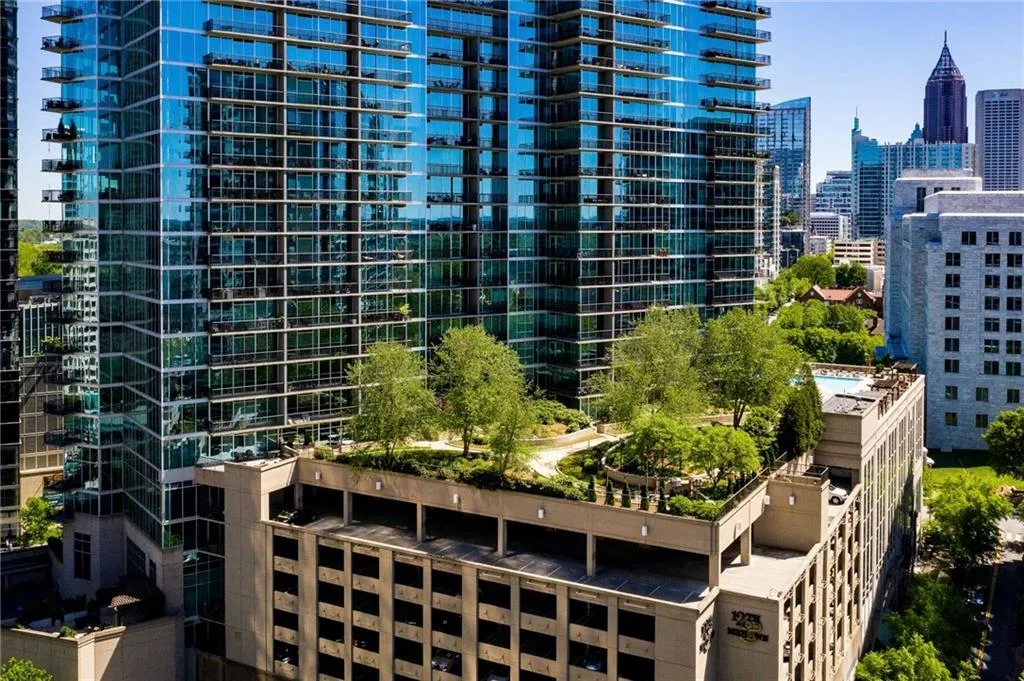 Treelined rooftop garden area