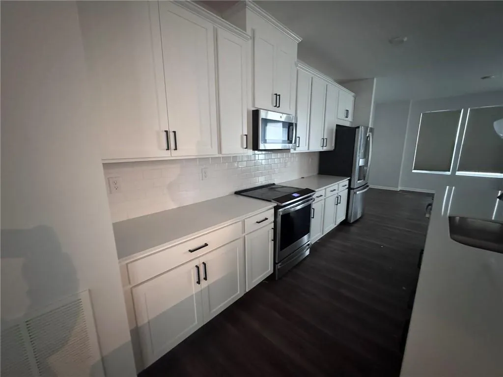 Kitchen with white cabinetry, stainless steel appliances, dark wood finished floors, and tasteful backsplash