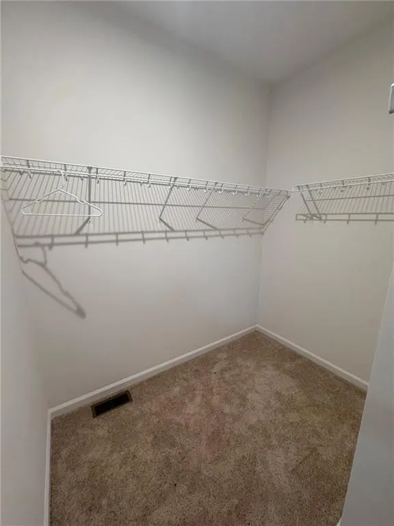Walk in closet with light colored carpet