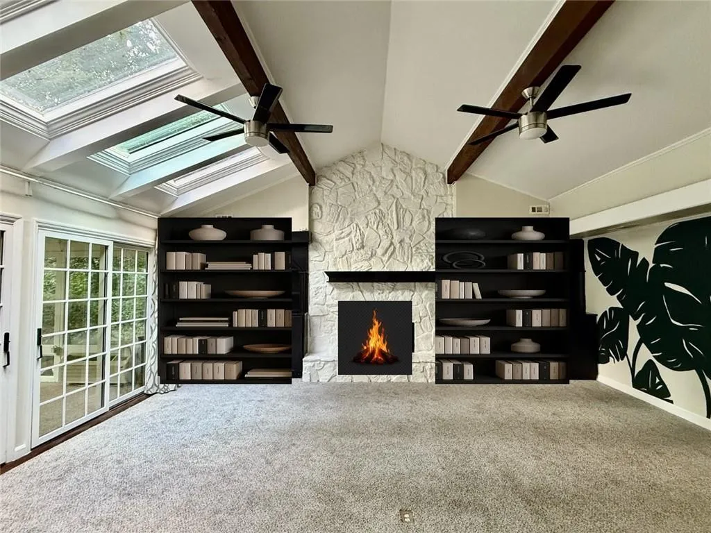 Vaulted ceilings, fireplace and screened patio.