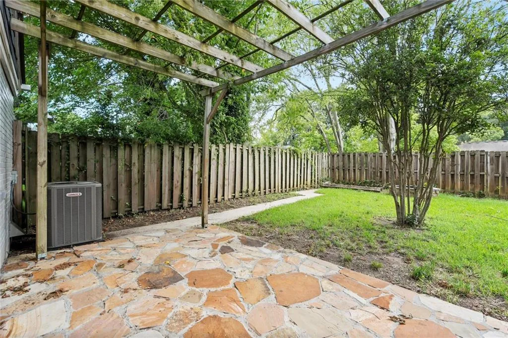 Fenced backyard featuring a pergola and a patio