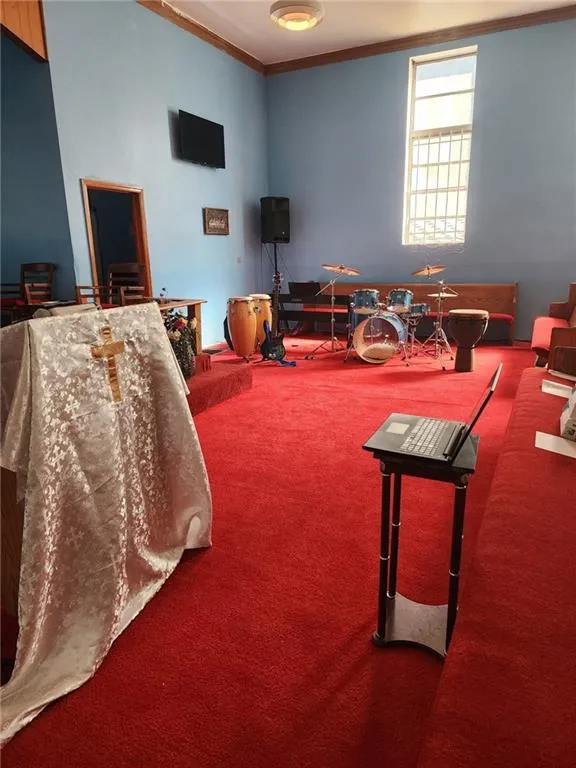 Playroom featuring ornamental molding and carpet