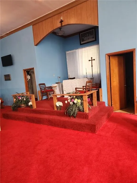 Carpeted living room featuring crown molding