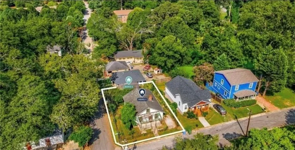 Aerial view highlighting the property's corner lot position