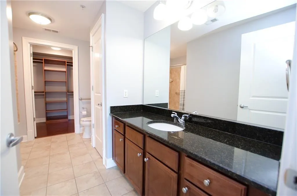 Bathroom featuring vanity, tile patterned flooring, a walk in closet, and a shower