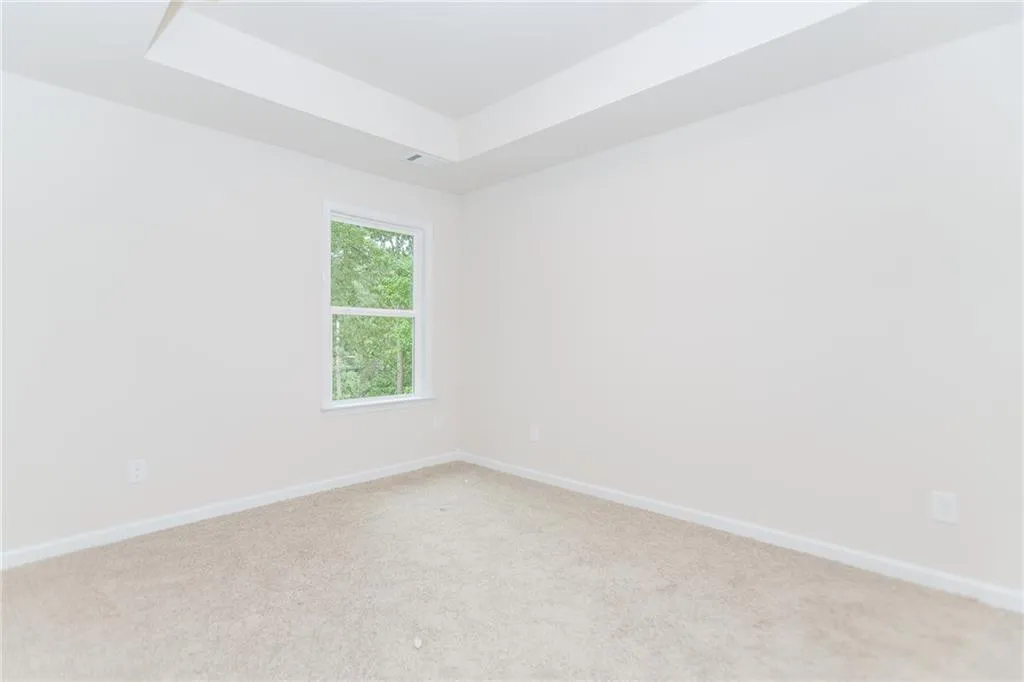 Unfurnished room featuring carpet flooring and a tray ceiling