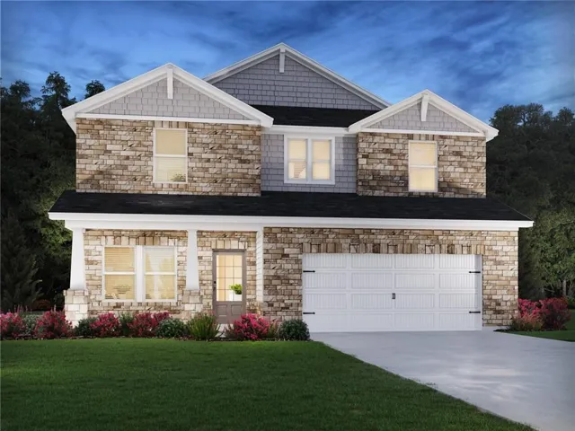 Two-story residence featuring a stone and siding exterior, an attached two-car garage, and a covered porch entry
