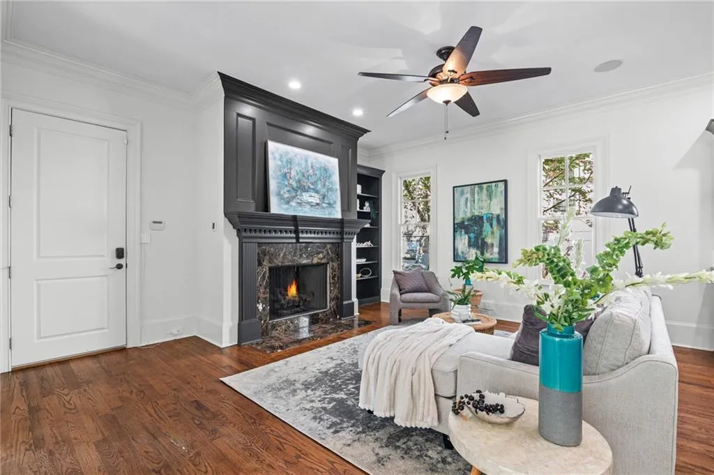 Fireside family room with built in bookcase