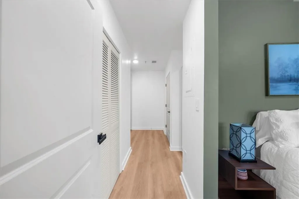 Hallway with wide plank light oak flooring, new paint & lighting.