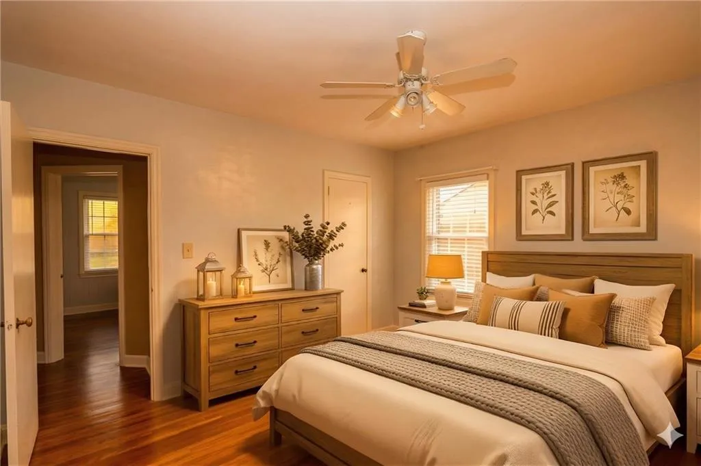 Bedroom featuring dark wood finished floors and a ceiling fan