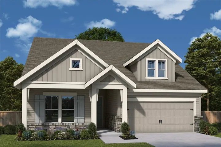 Craftsman-style exterior featuring a dormer window, board and batten siding, stone facade accents, decorative window shutters, and an attached two-car garage