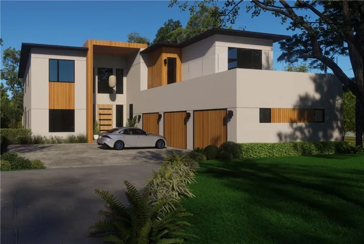 Modern exterior with clean lines, featuring a multi-level design, wood-finish accents, large black-framed windows, and a three-car garage