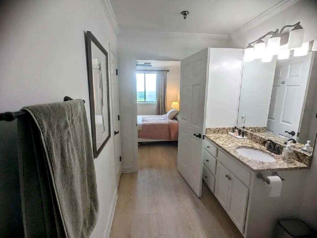 Bathroom featuring wood-type flooring, vanity, and ornamental molding