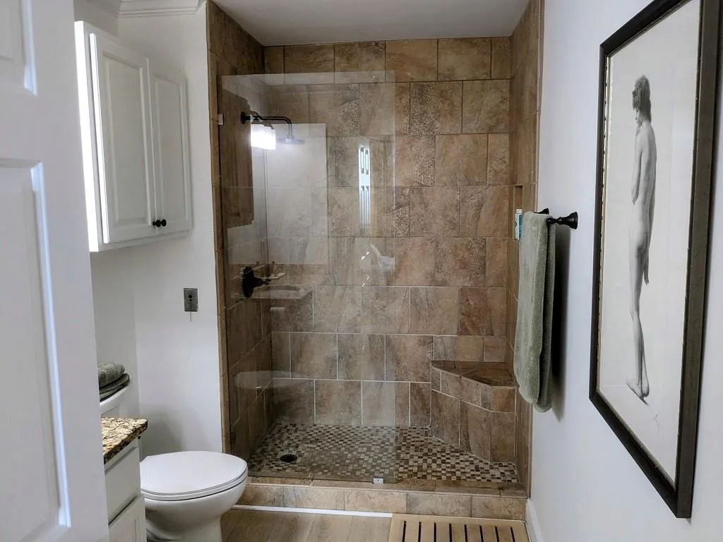 Bathroom with toilet, vanity, and a tile shower