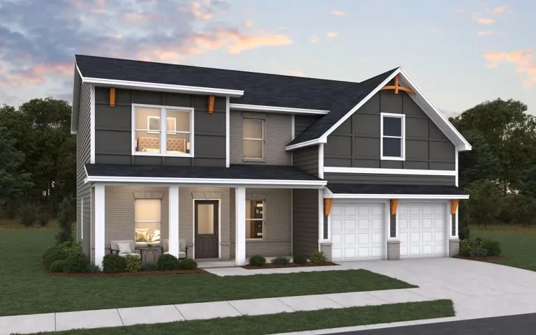 Contemporary two-story residence featuring a dark gray siding and light gray brick exterior