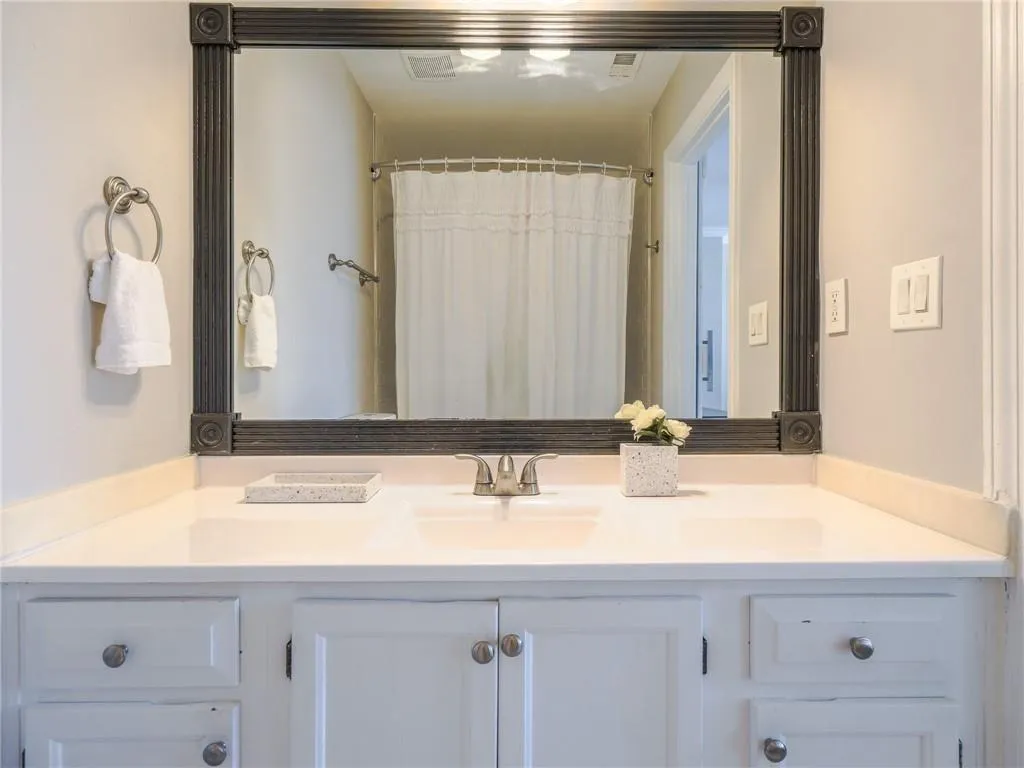 Full bathroom featuring vanity and a shower with curtain