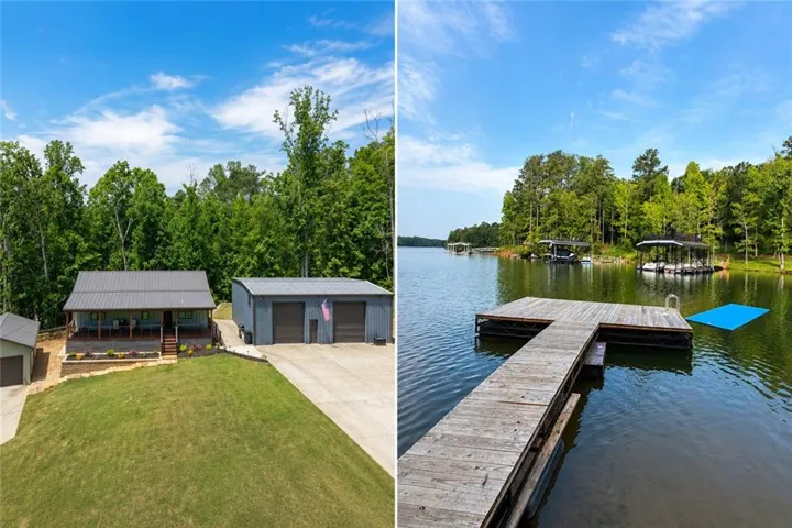 Expansive waterfront property featuring a private dock, tranquil lake, and a detached three-bay garage