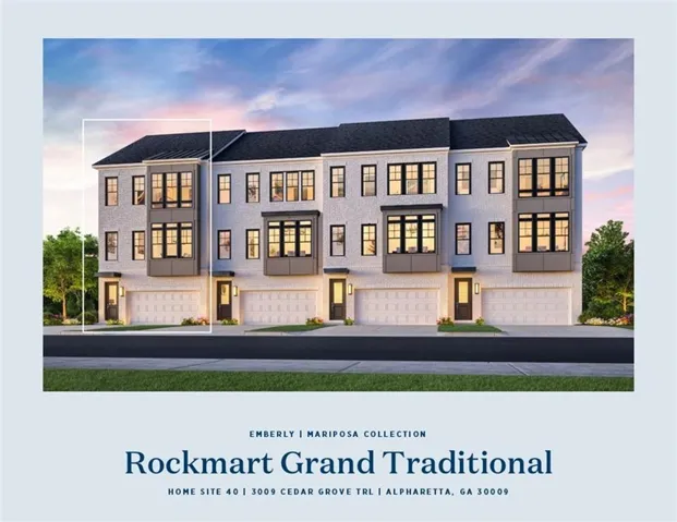 Three-story townhome exterior featuring light-colored brick, dark-framed windows, and a two-car garage