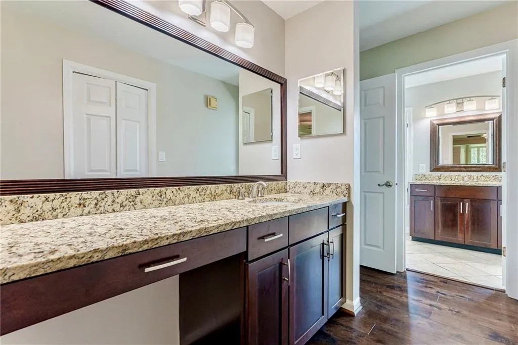 Bathroom with vanity, dark wood finished floors, and a closet