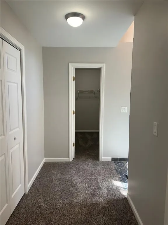 Hallway to primary bathroom, linen closet, walk-in closet