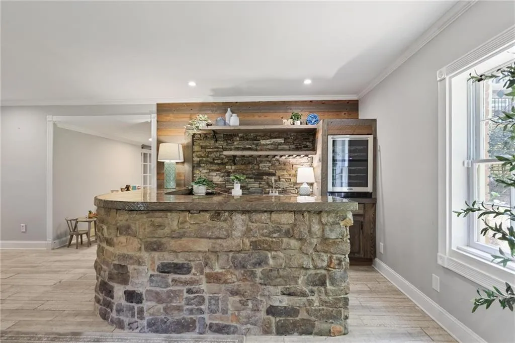 Full bar with beverage refrigerator