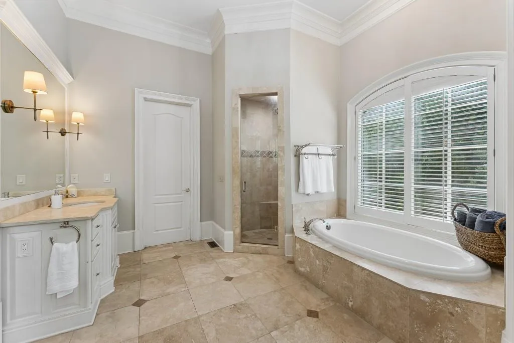 Primary Ensuite With Dual Vanities Whirlpool Tub And Separate Shower Design