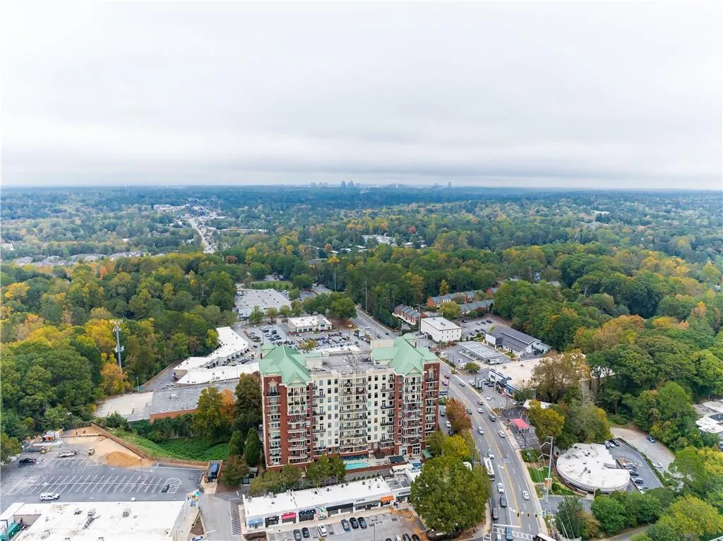 Drone / aerial view with a wooded view