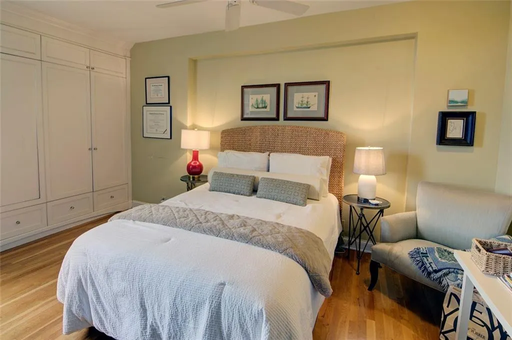 Bedroom featuring light wood finished floors and a ceiling fan