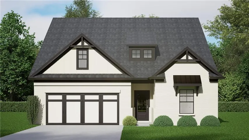 White brick exterior with dark trim accents, a prominent gable roofline, and a dormer window