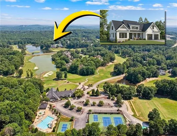 View from Royal Lakes Golf & Country Club with Home Elevation and Arrow pointing to location on Lake Victoria within the community