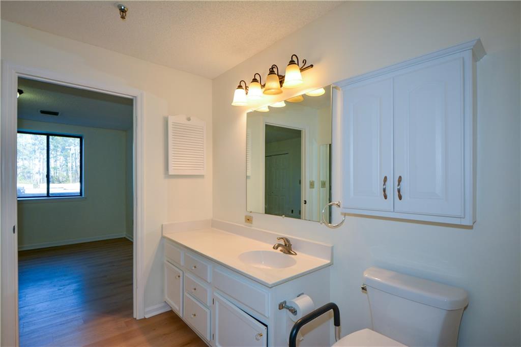 Bathroom with vanity, toilet, and hardwood / wood-style floors