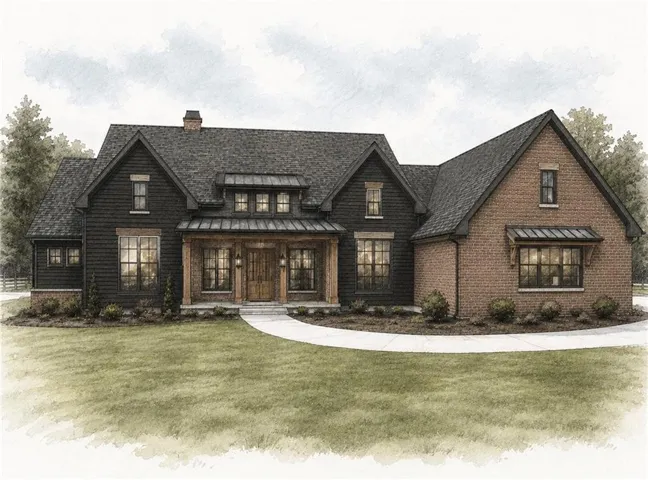 Crafted brick and dark siding exterior with a prominent covered entry