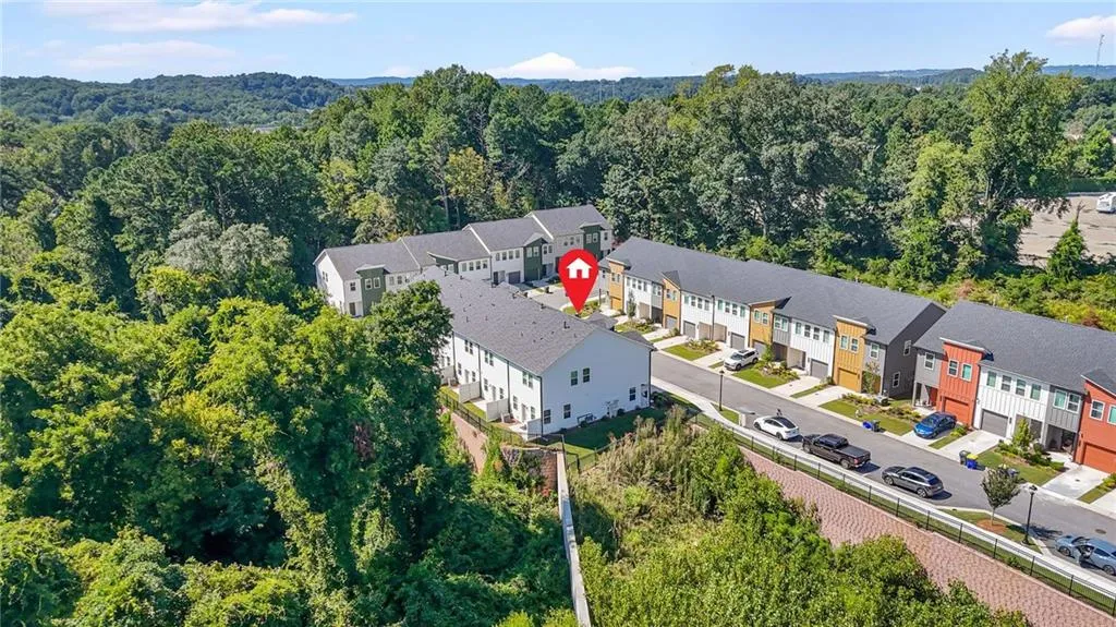 Aerial perspective of suburban area featuring a forest