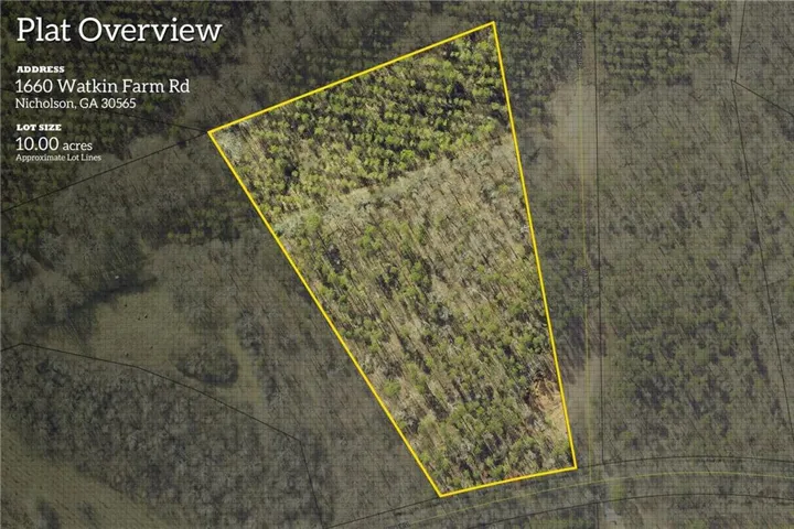 Plat Overview. Aerial representation of the property located at 1660 Watkin Farm Rd, Nicholson, GA, depicting the 10.00 acre parcel boundary and ground coverage