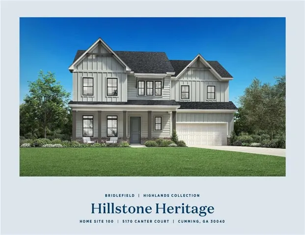Marketing Brochure, Property Image. Displaying an exterior rendering of the property at 5170 Canter Court, Cumming, GA 30040, identified as Home Site 100 within the Hillstone Heritage collection of the Bridlefield Highlands Collection