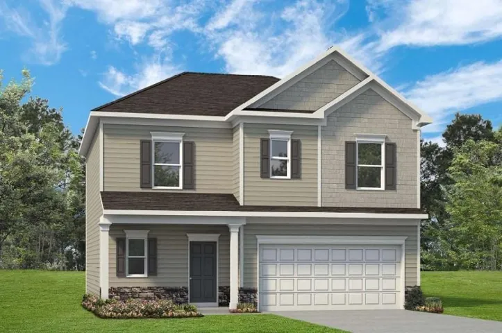 Two-story residence featuring a two-car garage, front porch with columns, stone veneer accents, horizontal siding, and decorative window shutters