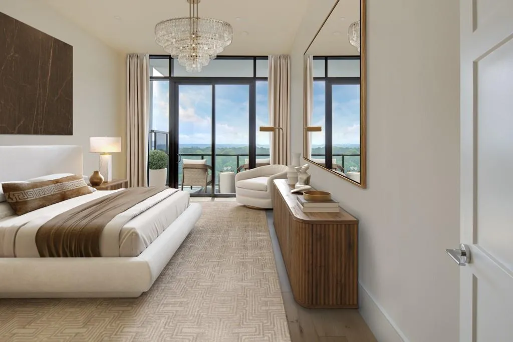 Bedroom with a wall of windows, multiple windows, a chandelier, access to exterior, and light wood-style floors