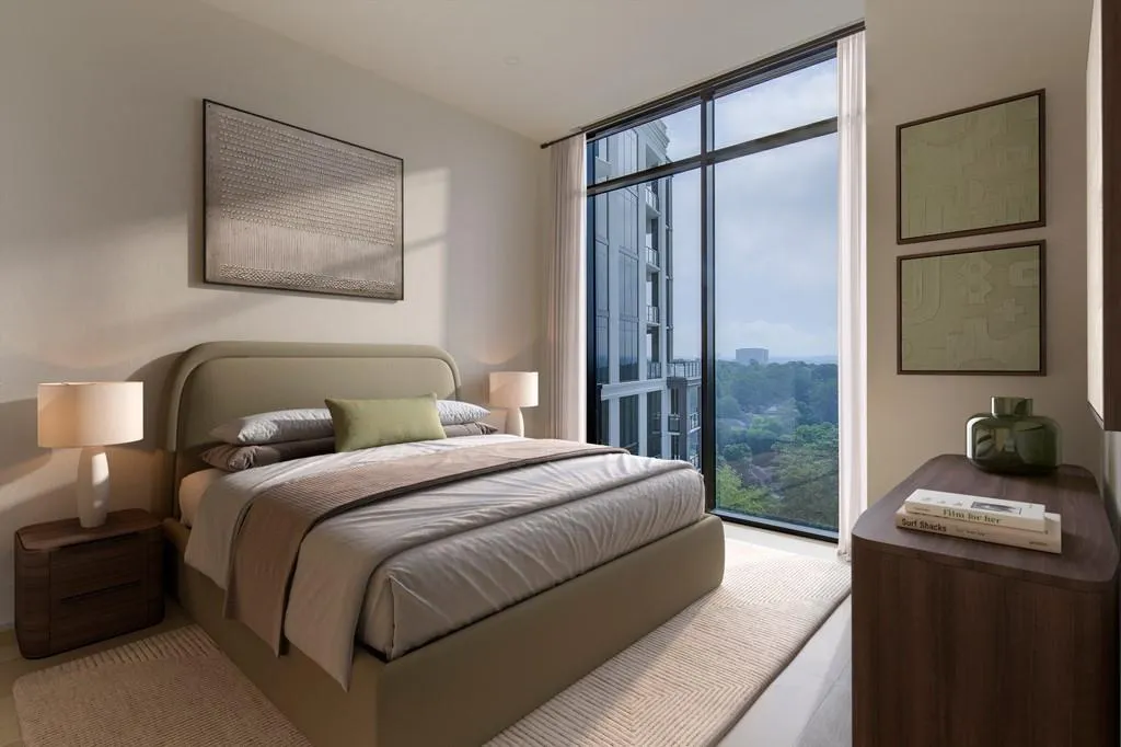 Bedroom featuring floor to ceiling windows, access to exterior, and tile patterned flooring