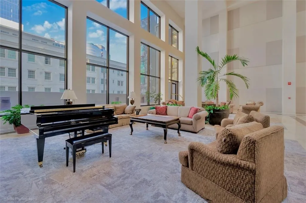 Relax by the piano in this sitting area on the West Peachtree side of the building.