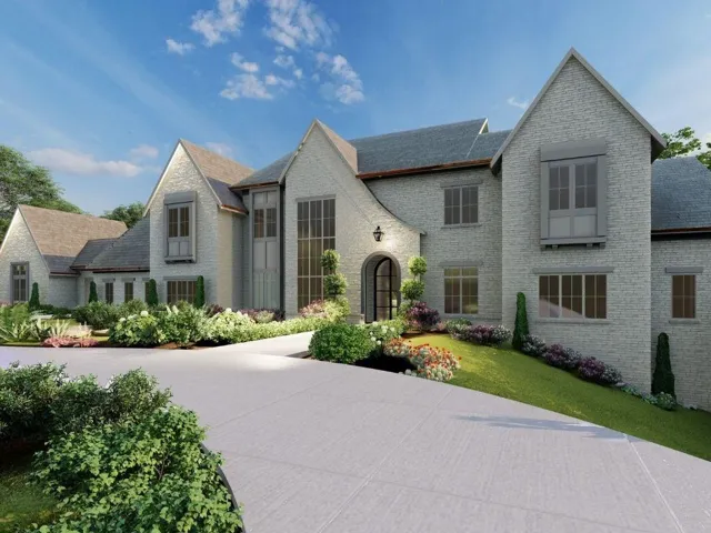 French country style house with brick elevation, a front lawn, and a shingled roof