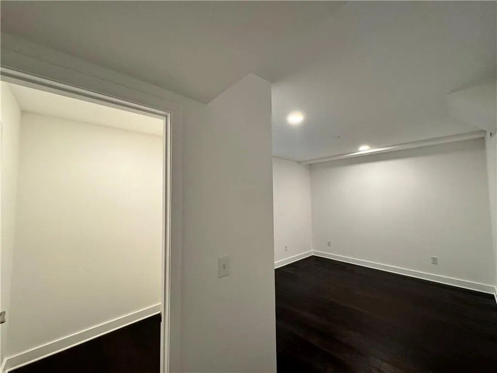 Basement with dark wood-type flooring