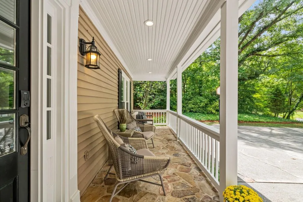 Comfy, Cozy, Covered Rocking Chair Front Porch With Recessed Lighting!
