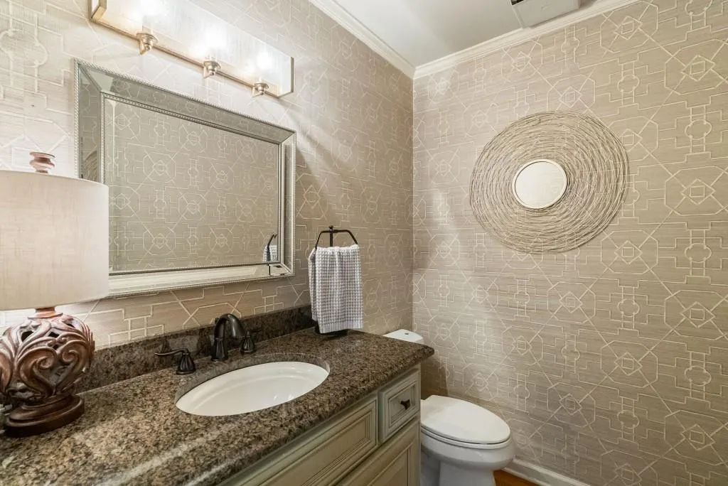 Powder Room On Main Level Boasts Grass Cloth Wallpaper!
